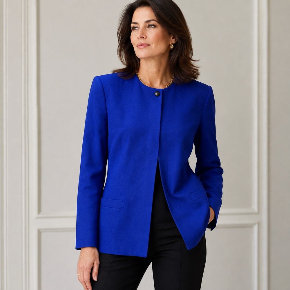 Vintage Christian Dior The Suit 100% Wool Collarless Blazer Cobalt Blue Sz14